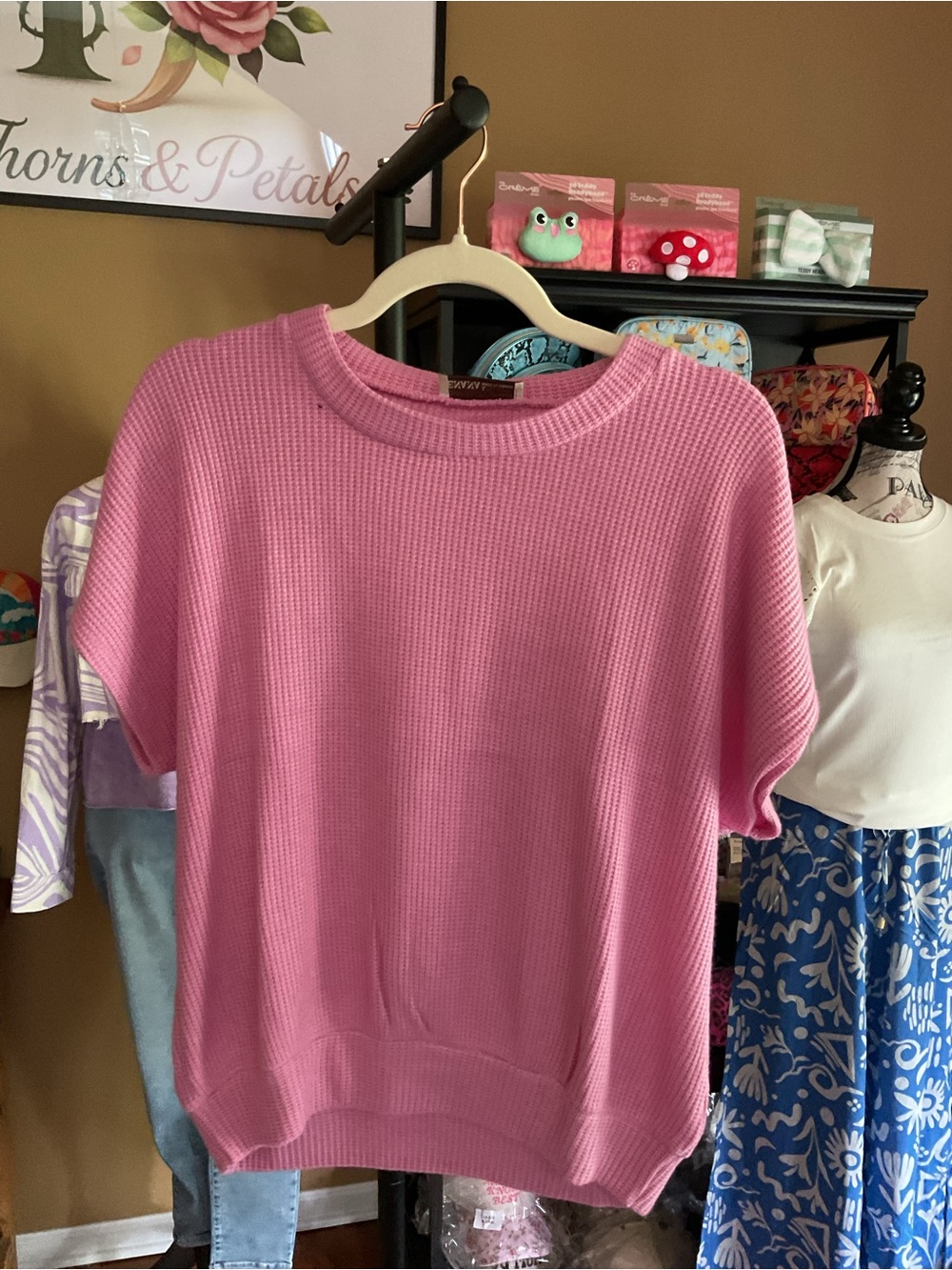 Zenana Outfitters Pink Short Sleeve Waffle Knit Crew Sweater